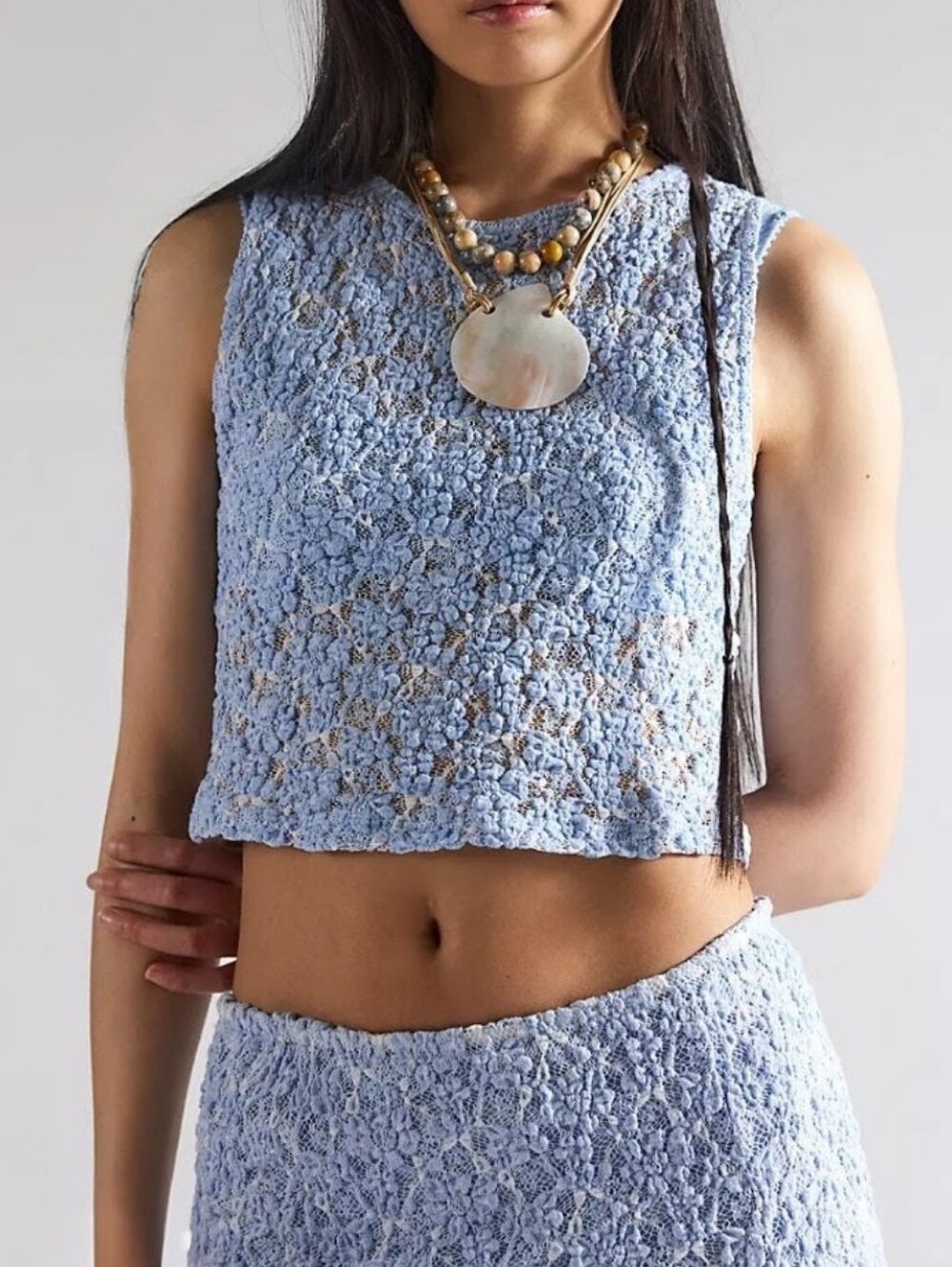 Free People XS Blue Lace Knit Crop Top & Midi Skirt Set Boho Cottagecore - Picture 16 of 16